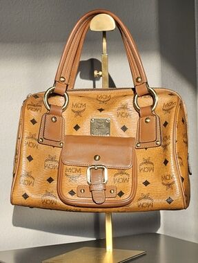 MCM Cognac Brown Visetos Handbag with Gold Hardware